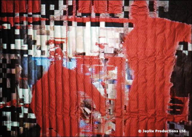 A pixelated red and white projection of figures on a rippled screen