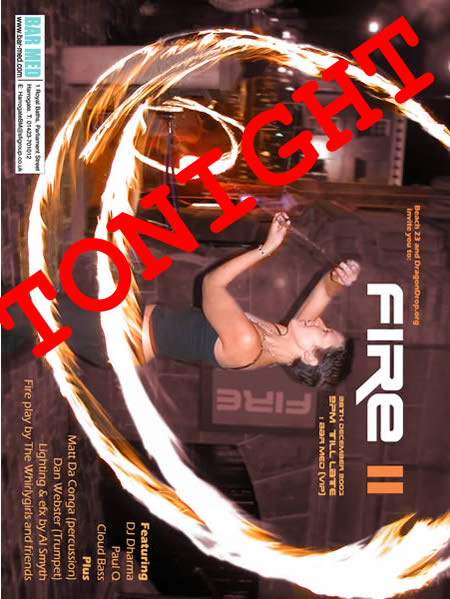 Flyer for FIRE II with a fire hoop dancer, the word TONIGHT in red and a list of performers, turned on its side