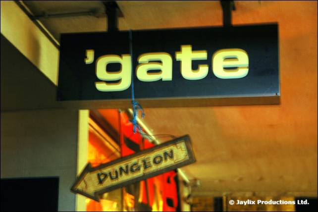 A hanging sign reading 'gate above an arrow sign reading Dungeon
