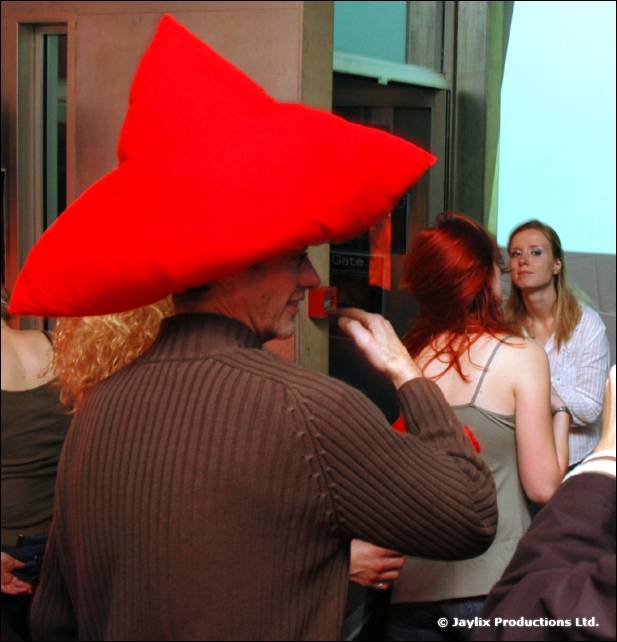 A person wearing a large red hat faces away from the camera, with people behind them