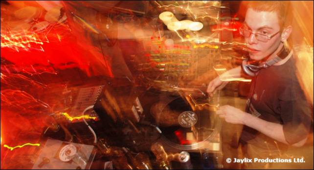 A blurred DJ wearing glasses mixes at decks, with streaks of red and orange light