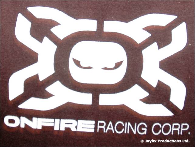 White logo reading ONFIRE Racing Corp on a dark brown fabric background