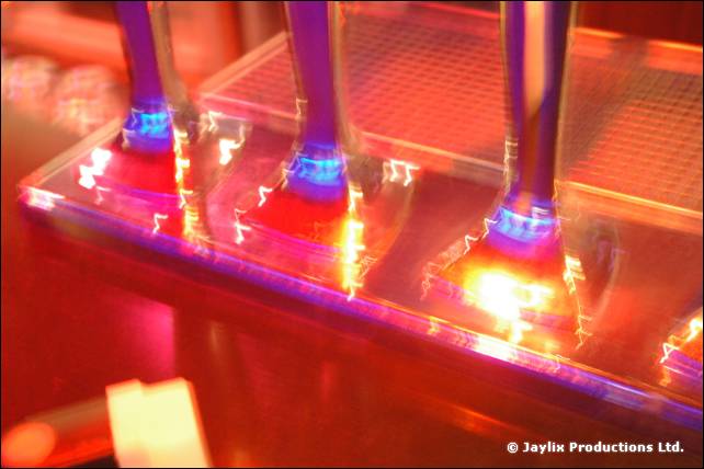 Abstract long-exposure shot of light streaks over glass stems on a bar