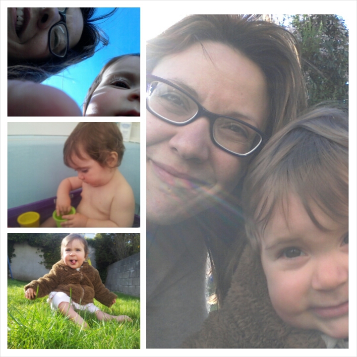 A collage of a toddler and an adult with glasses, including outdoor shots on grass