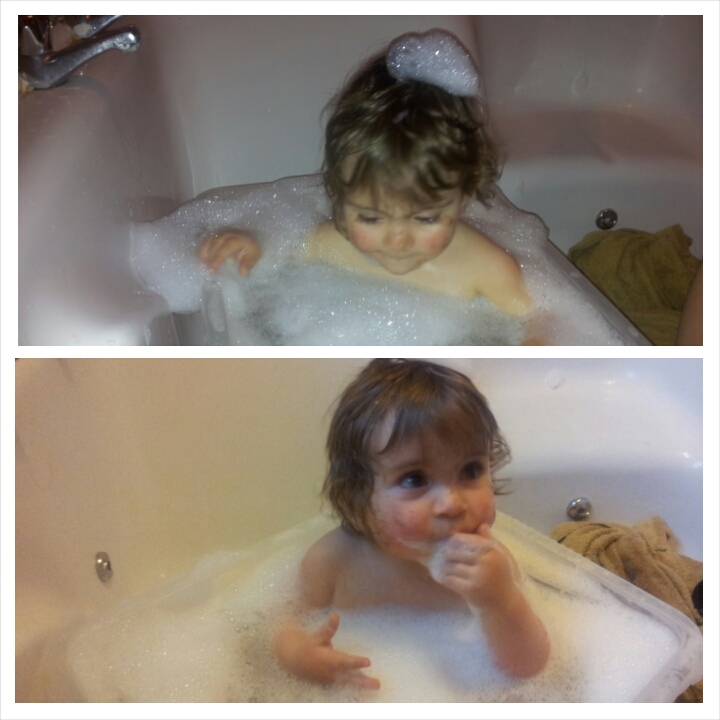 A collage of a toddler sitting in a bath full of bubbles