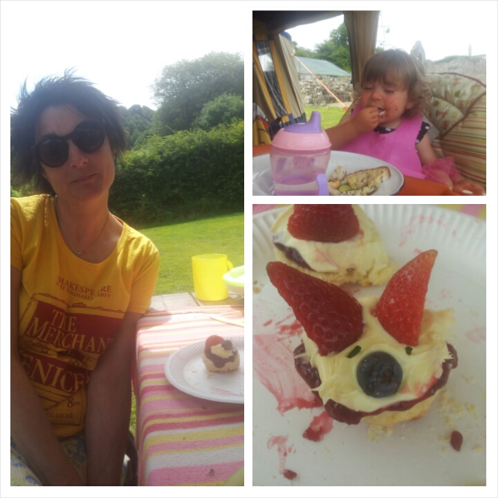 A collage of a woman in sunglasses and a yellow T-shirt, a child eating, and a dessert with strawberry ears