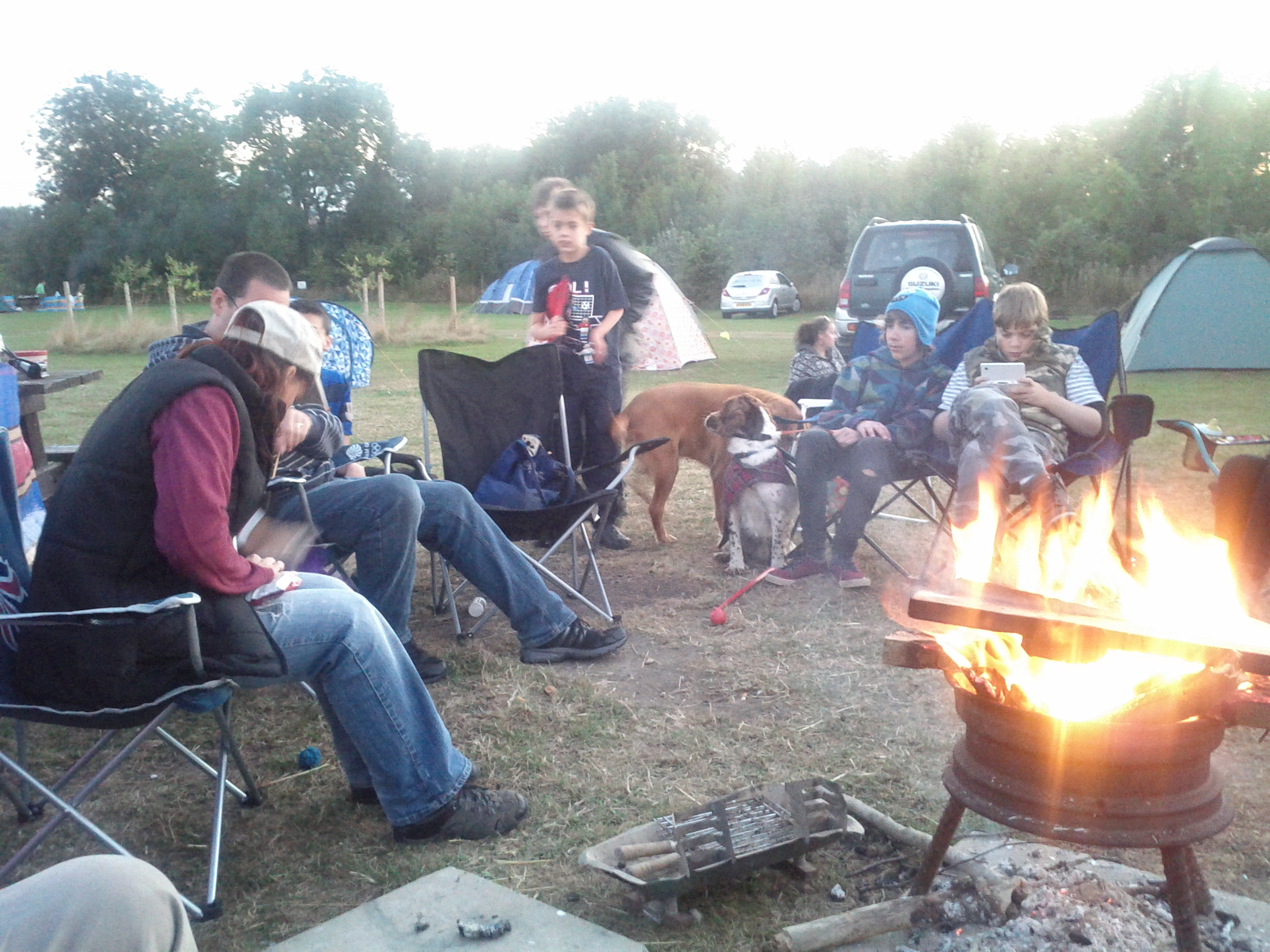 People sit in camping chairs around a lit fire basket, with tents and a dog behind