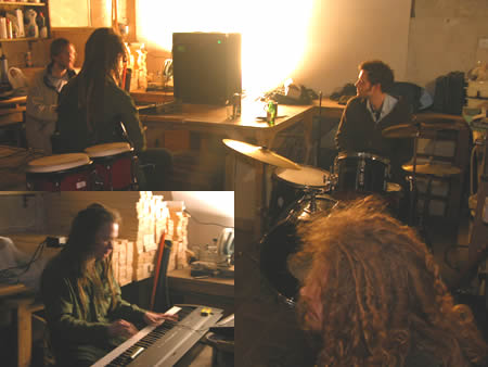 Composite of musicians playing drums and keyboard in a cluttered, dimly lit shed