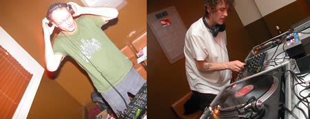 Two photos of DJs, one in a green shirt wearing headphones and one in white at turntables