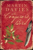 Book cover of The Conjuror's Bird by Martin Davies, red with a plant sprig and a feather