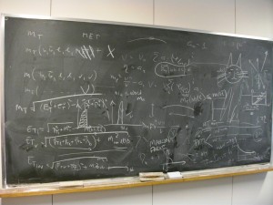 Blackboard covered in chalk physics equations and a small cat drawing