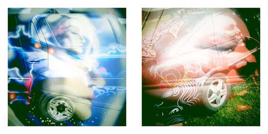 Two over-exposed images of painted cars, one with an airbrushed face in blue, one with white swirls on red
