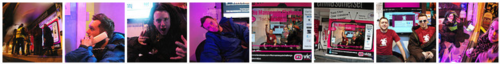 Strip of nine small thumbnails of people in pink-lit rooms and a shop window