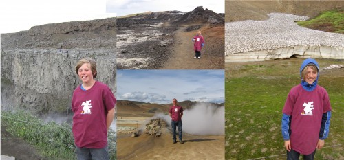 Collage of four photos of people in maroon T-shirts in Iceland landscapes, including cliffs and steam vents