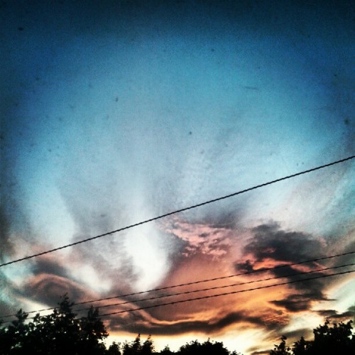 Dramatic sunset sky with orange and dark clouds behind power lines and trees