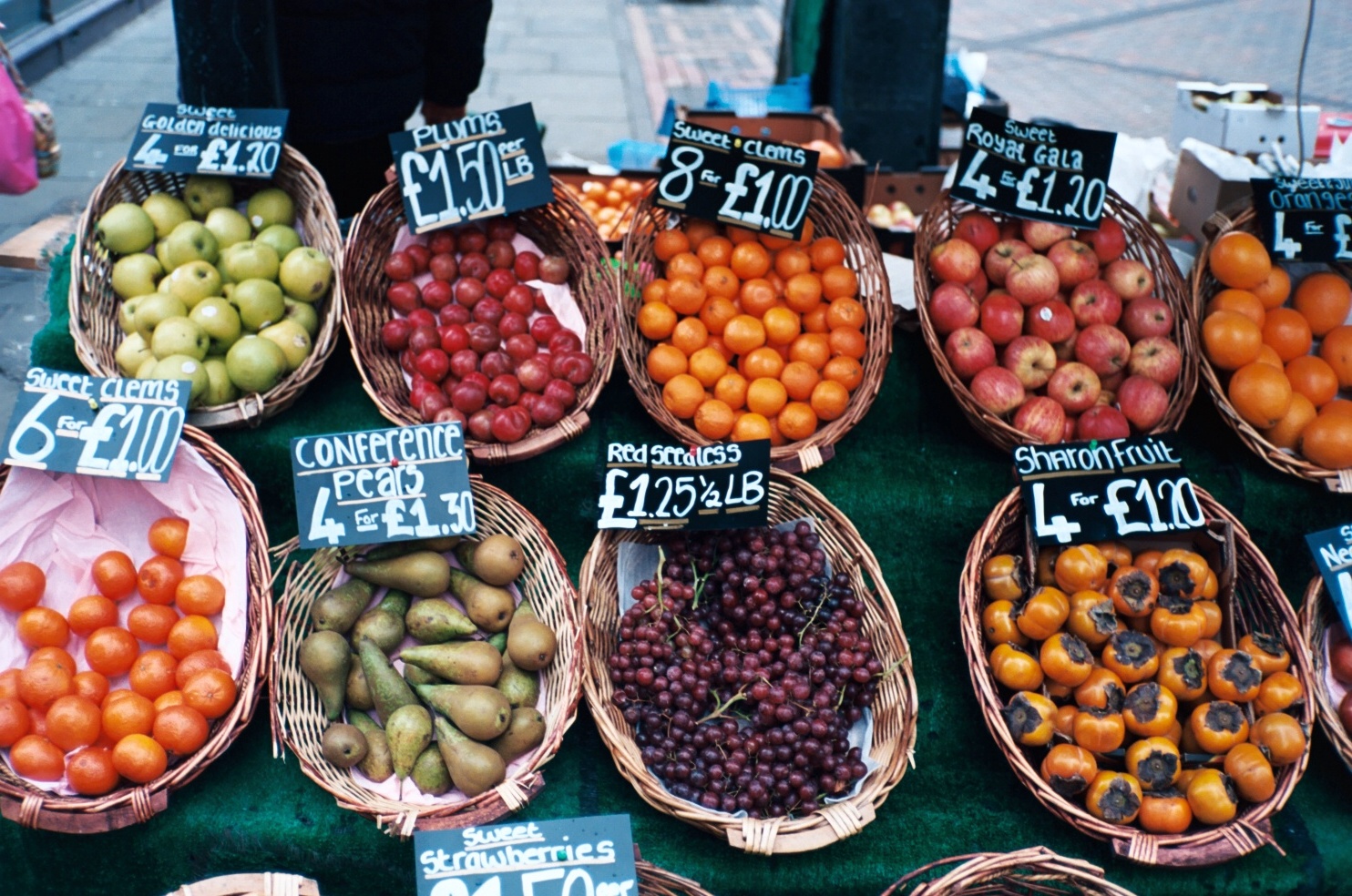 Baskets of fruit at a market stall with chalkboard price labels, including apples, oranges and grapes