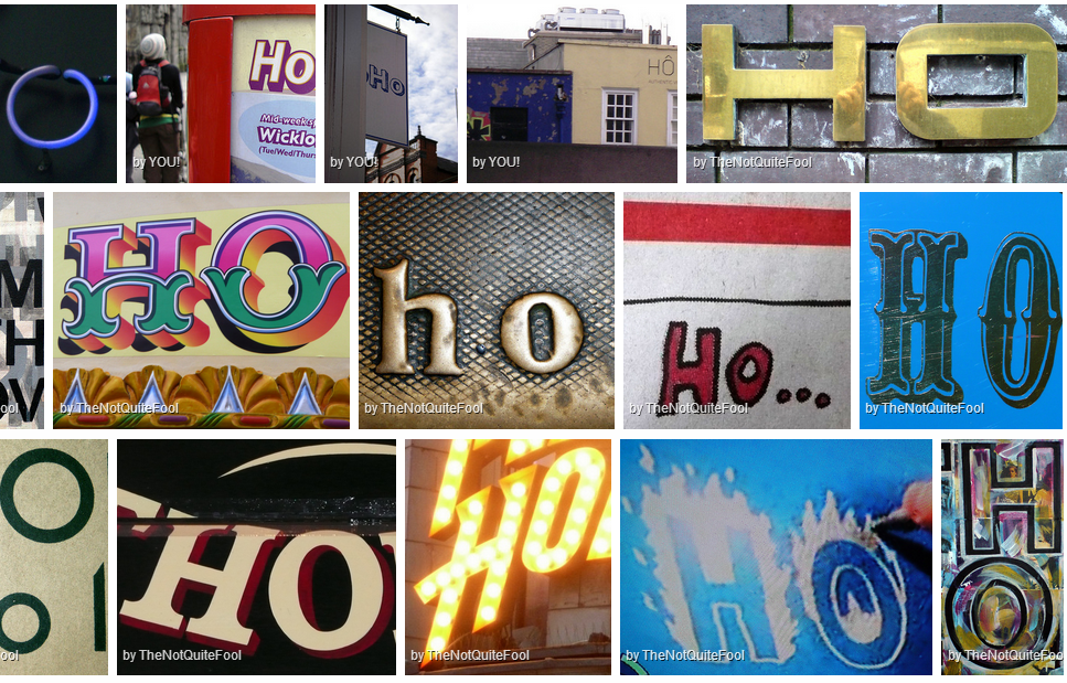 A collage of signs, lettering and photos all spelling the letters HO