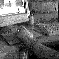 A hand resting on a computer keyboard in front of a monitor, black-and-white