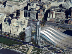 Aerial artist impression of a redeveloped Liverpool waterfront with a curved roof and tall towers