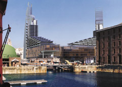Artist impression of a tall glass tower beside the Liverpool docks and old brick warehouses