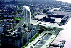 Aerial artist impression of a Liverpool waterfront with a tall angled glass tower