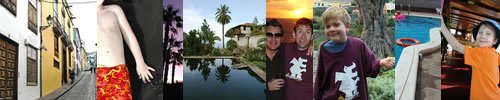 Strip of small holiday photos including a pool, palm trees and a child in a maroon T-shirt